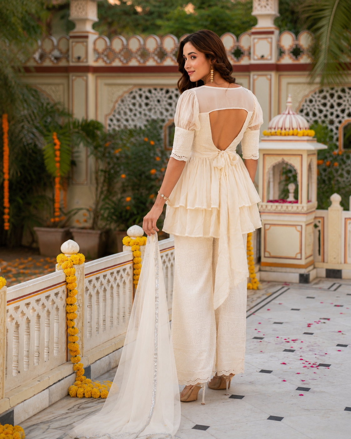 Indianvirasat Moonlight Sharara Set featuring a flowy, embroidered top with matching wide-leg sharara pants and dupatta.