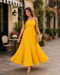 Indianvirasat Sunshine Tiered Maxi Dress, flowy boho-style dress with layered tiers and vibrant yellow color, perfect for summer wear.