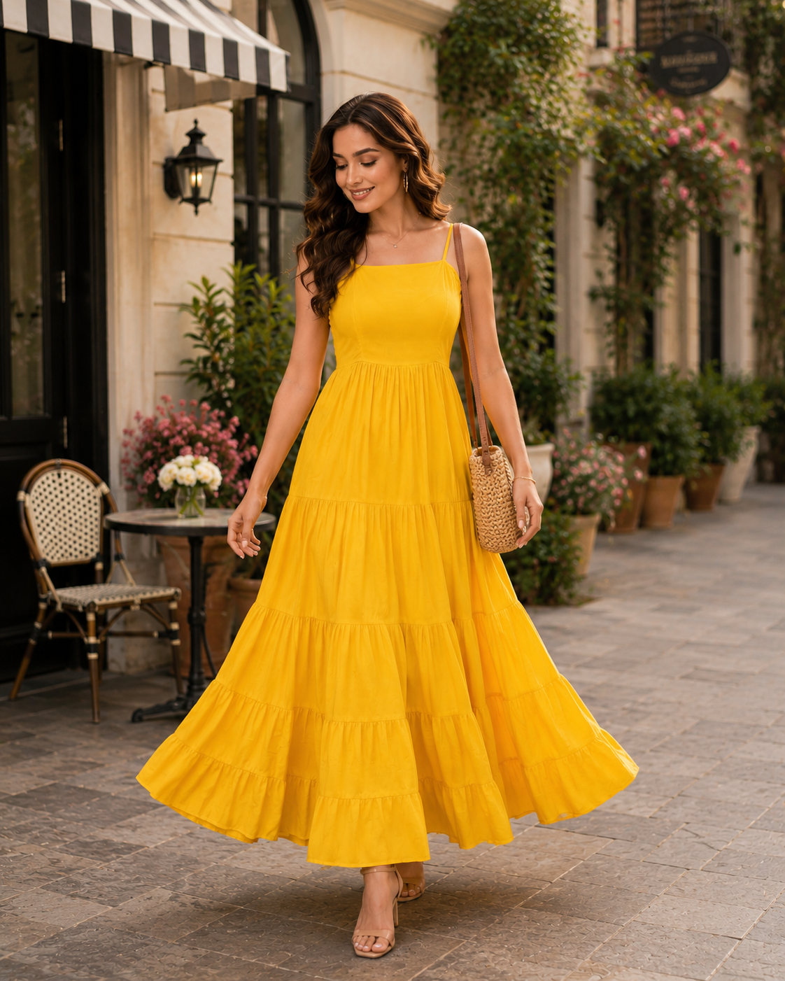 Indianvirasat Sunshine Tiered Maxi Dress, flowy boho-style dress with layered tiers and vibrant yellow color, perfect for summer wear.