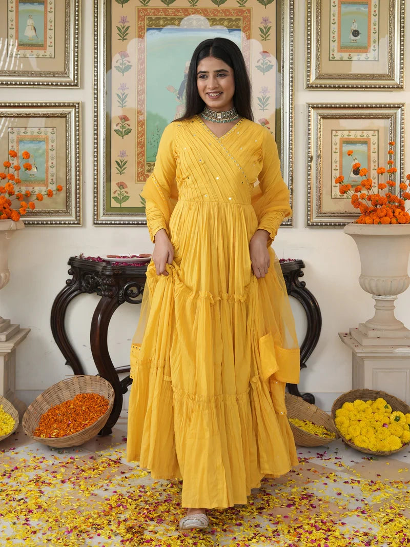 Saba Yellow Cotton Ethnic Dress - Indianvirasat