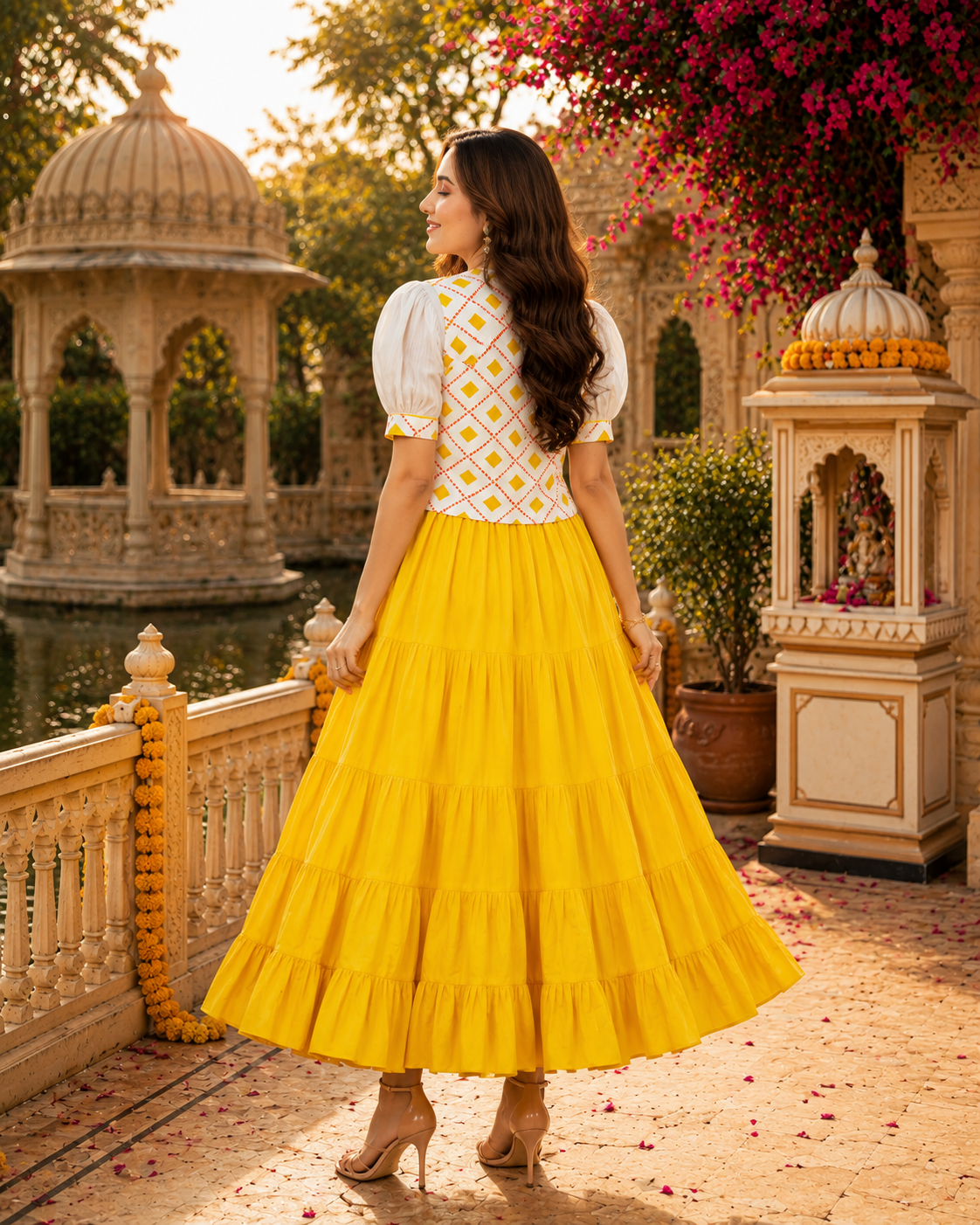Indianvirasat Sunshine Meher Maxi Dress in vibrant fabric, flowing silhouette, and intricate design perfect for summer occasions.