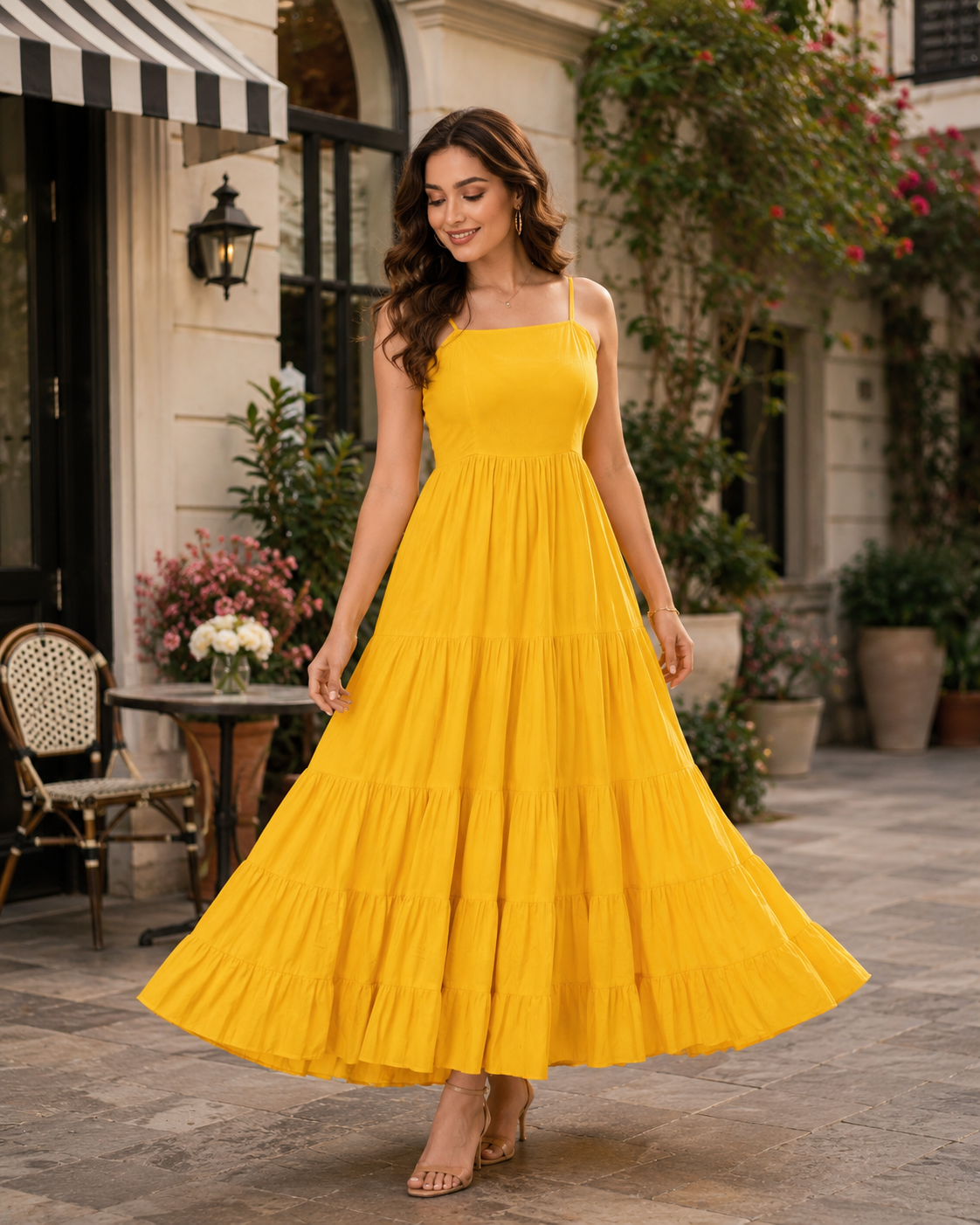 Indianvirasat Sunshine Tiered Maxi Dress featuring flowing fabric, tiered layers, and a vibrant, elegant design perfect for summer wear.