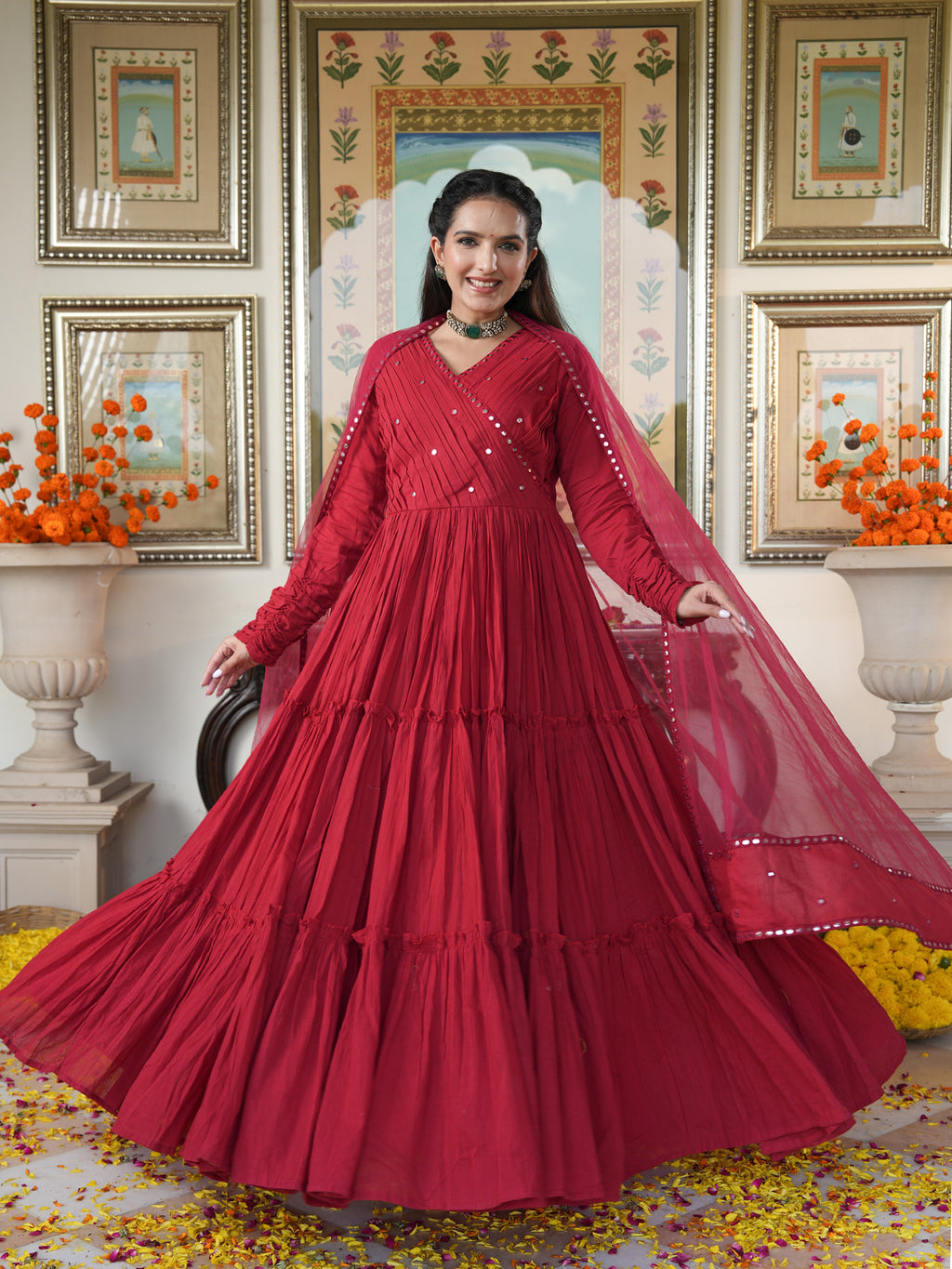 Rubina Red Mirrored Flary Set - Indianvirasat