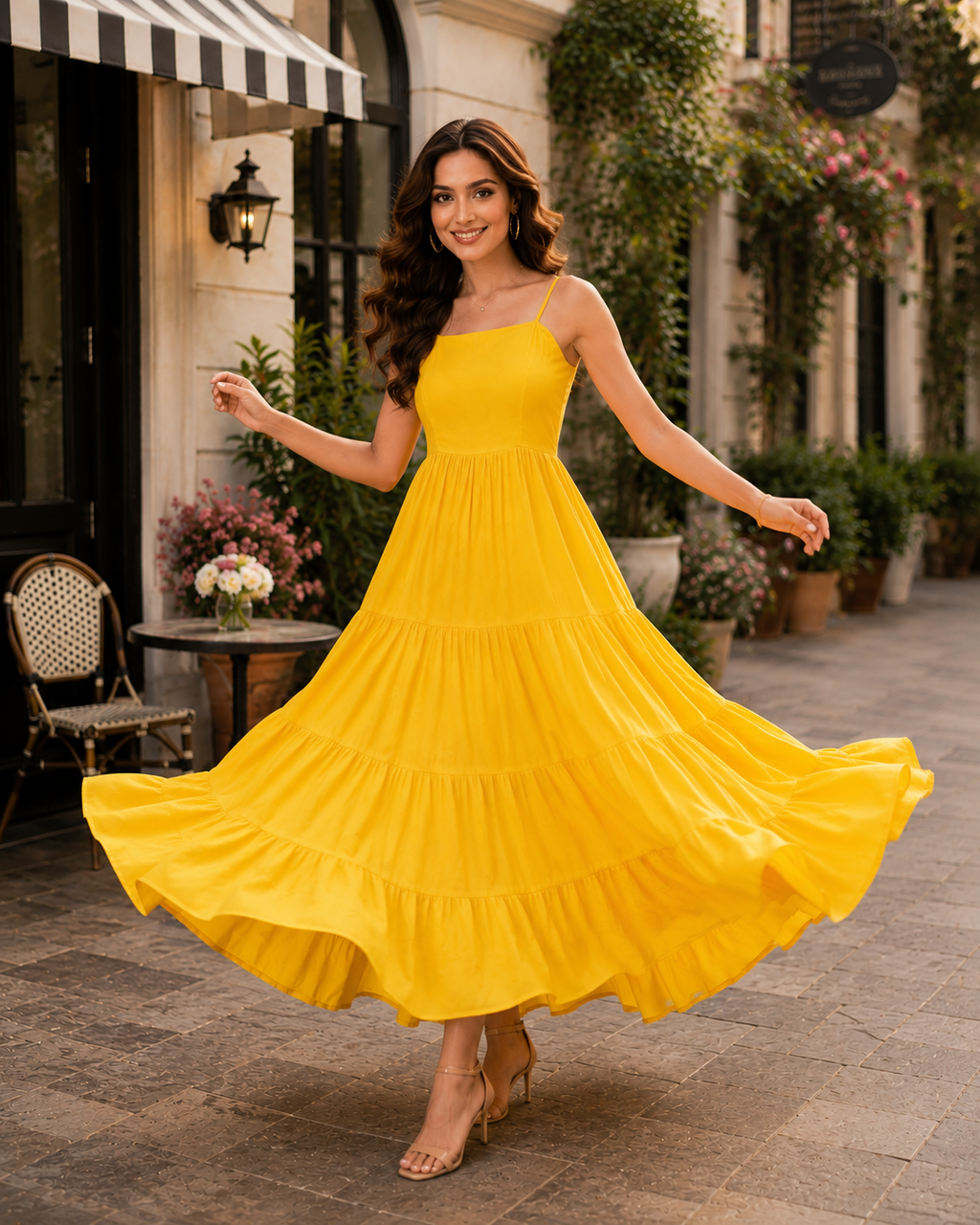 Indianvirasat Sunshine Tiered Maxi Dress, flowing fabric with tiered design, perfect for summer or casual occasions.