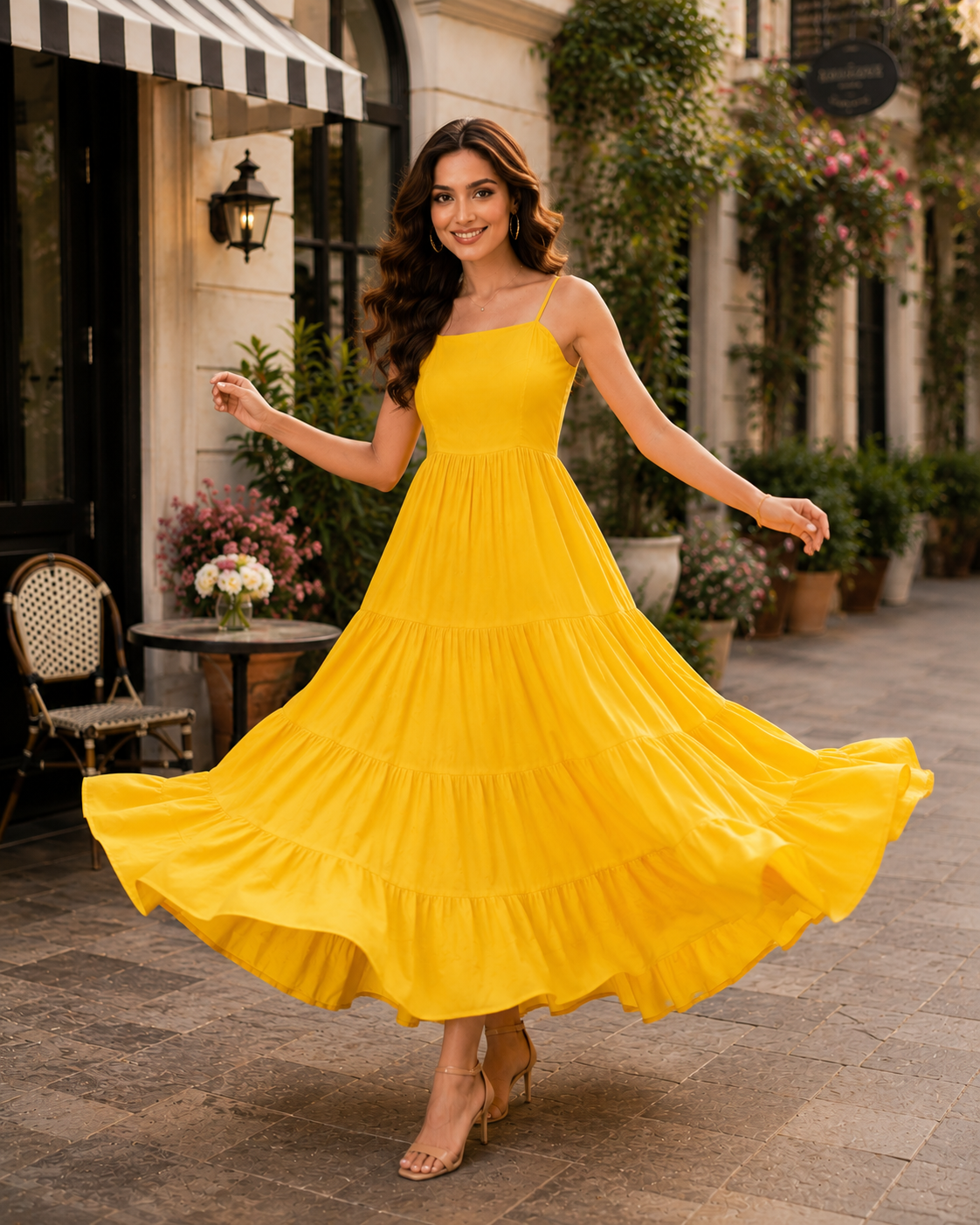 Indianvirasat Sunshine Tiered Maxi Dress, flowing fabric with tiered design, perfect for summer or casual occasions.