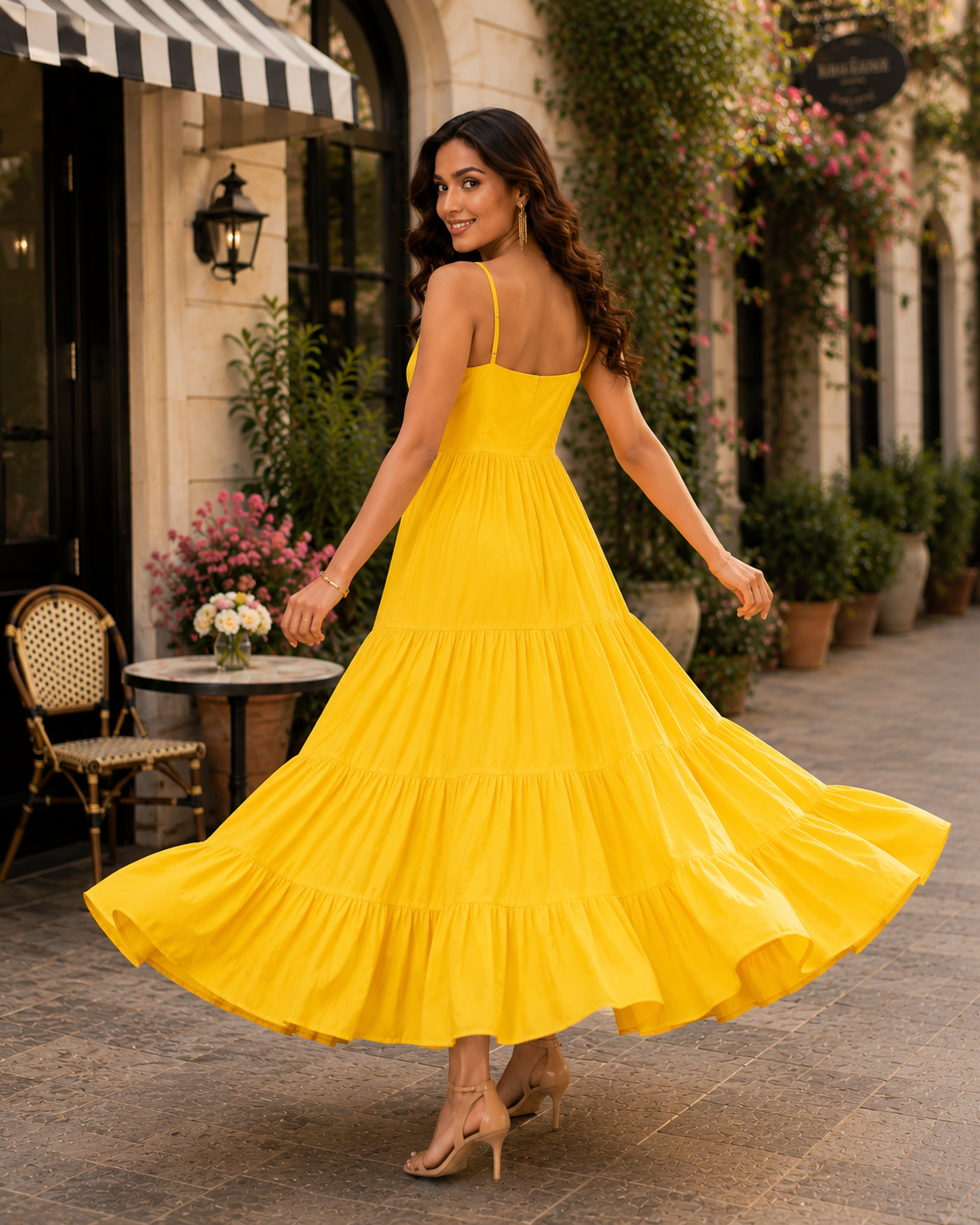 Indianvirasat Sunshine Tiered Maxi Dress with flowy fabric and vibrant design, perfect for summer and casual occasions.