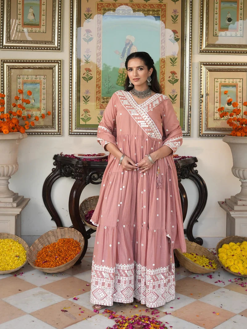 Peach Blossom embroidered Ethnic Dress - Indianvirasat