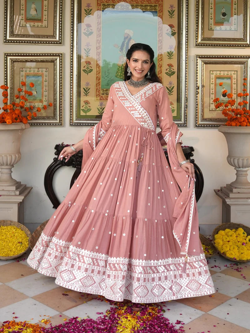 Peach Blossom embroidered Ethnic Dress - Indianvirasat