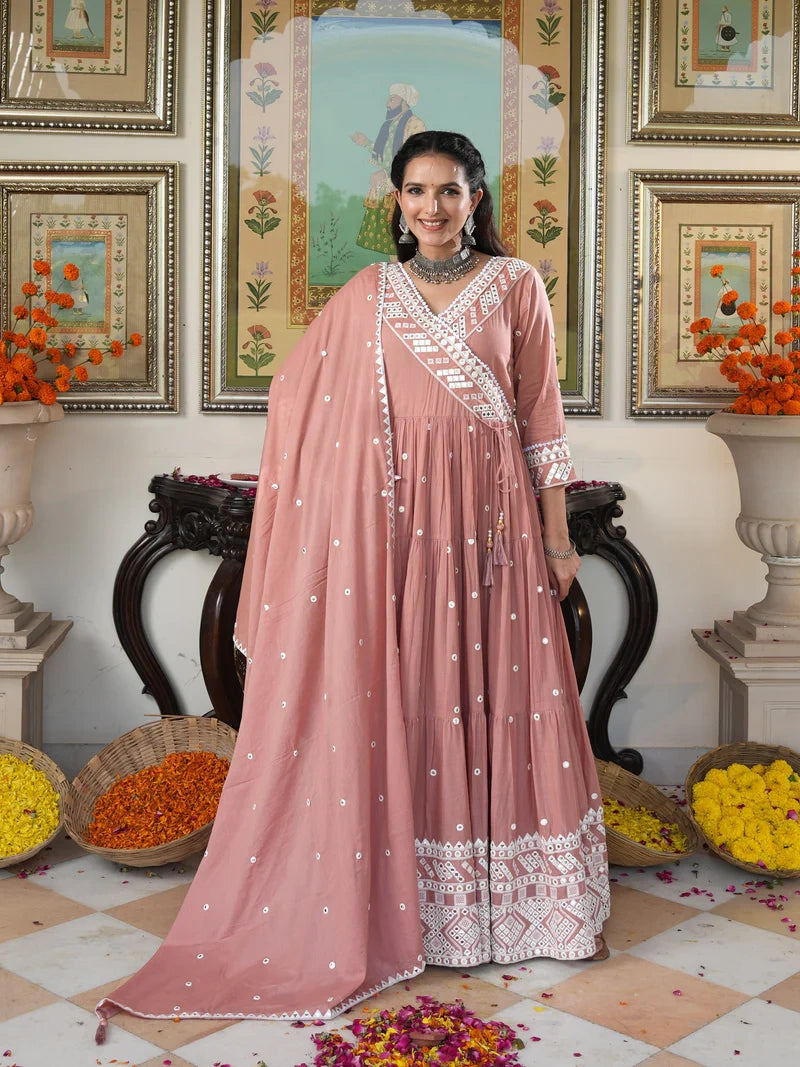 Peach Blossom embroidered Ethnic Dress - Indianvirasat