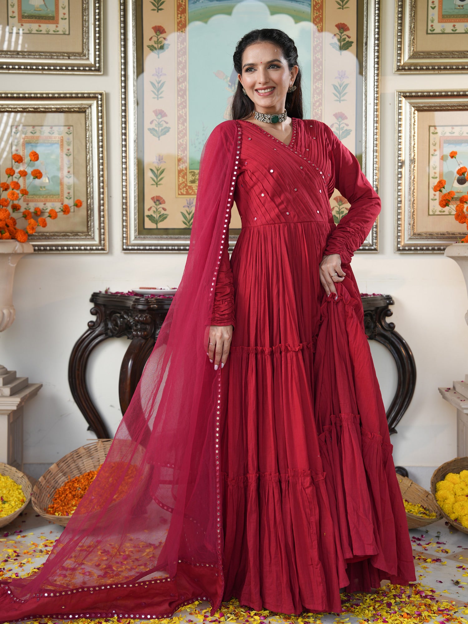 Rubina Red Mirrored Flary Set - Indianvirasat