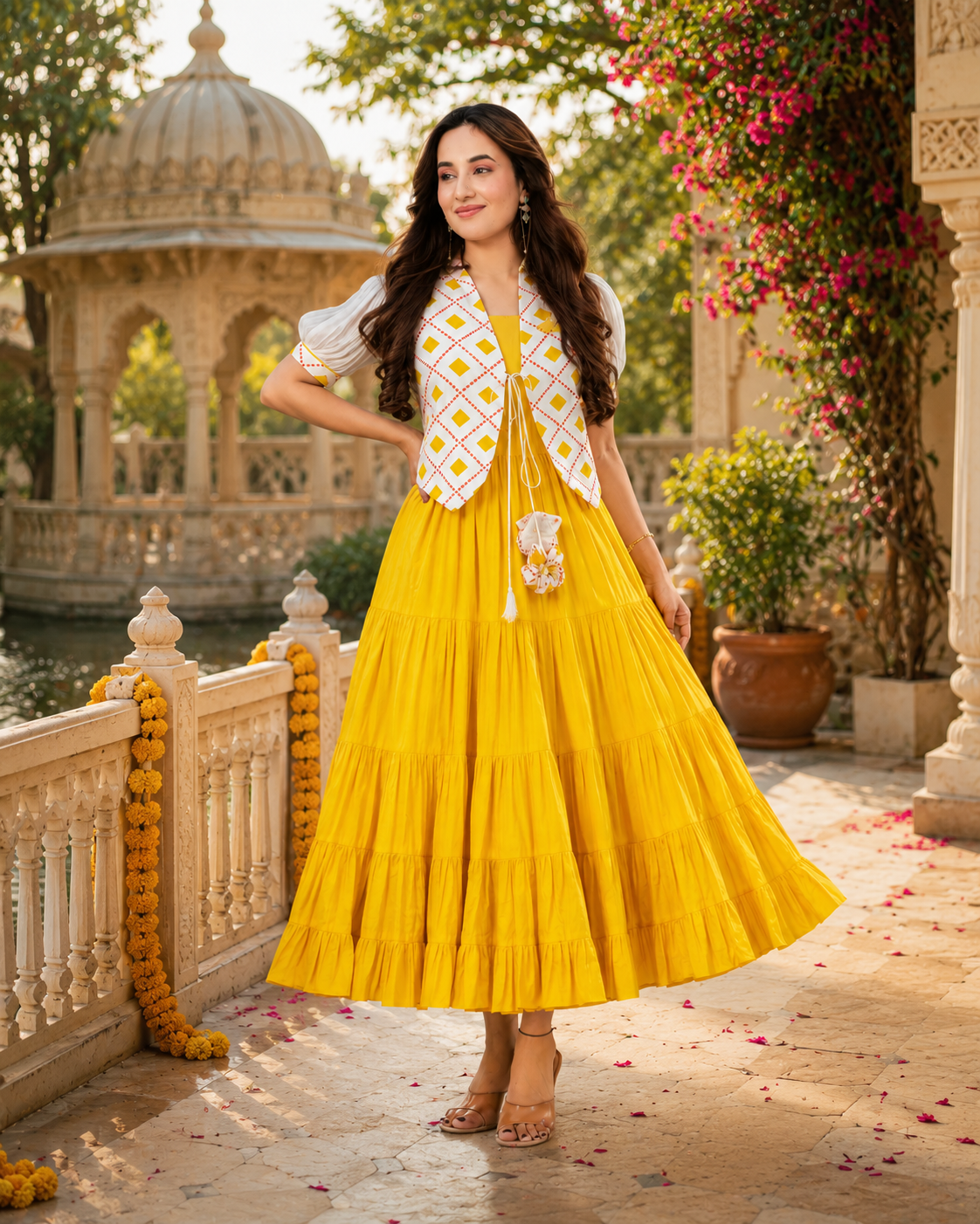 Indianvirasat Sunshine Meher Maxi Dress featuring vibrant floral patterns and flowing fabric, perfect for casual or summer wear.
