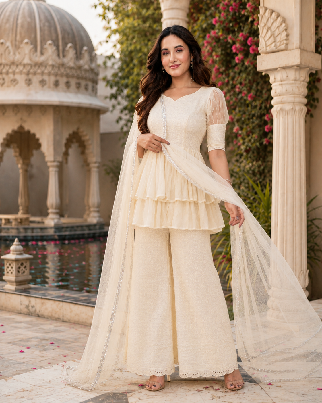 Indianvirasat Moonlight Sharara Set featuring traditional embroidered kurta and matching flared sharara pants.