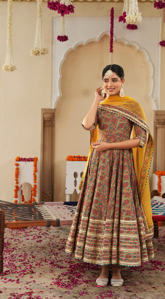 Lavish Ajrakh Flare Anarkali Suit Set