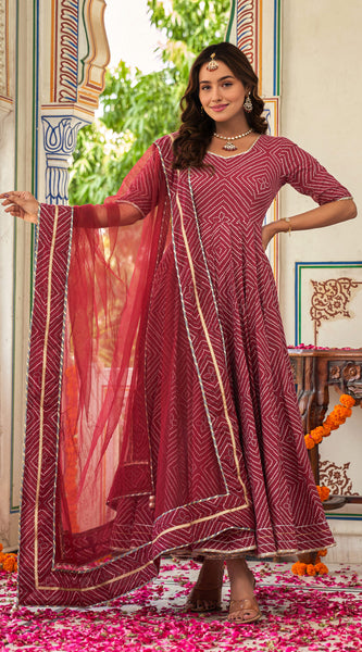 Sahiba Maroon Bandhani Print Anarkali Suit Set