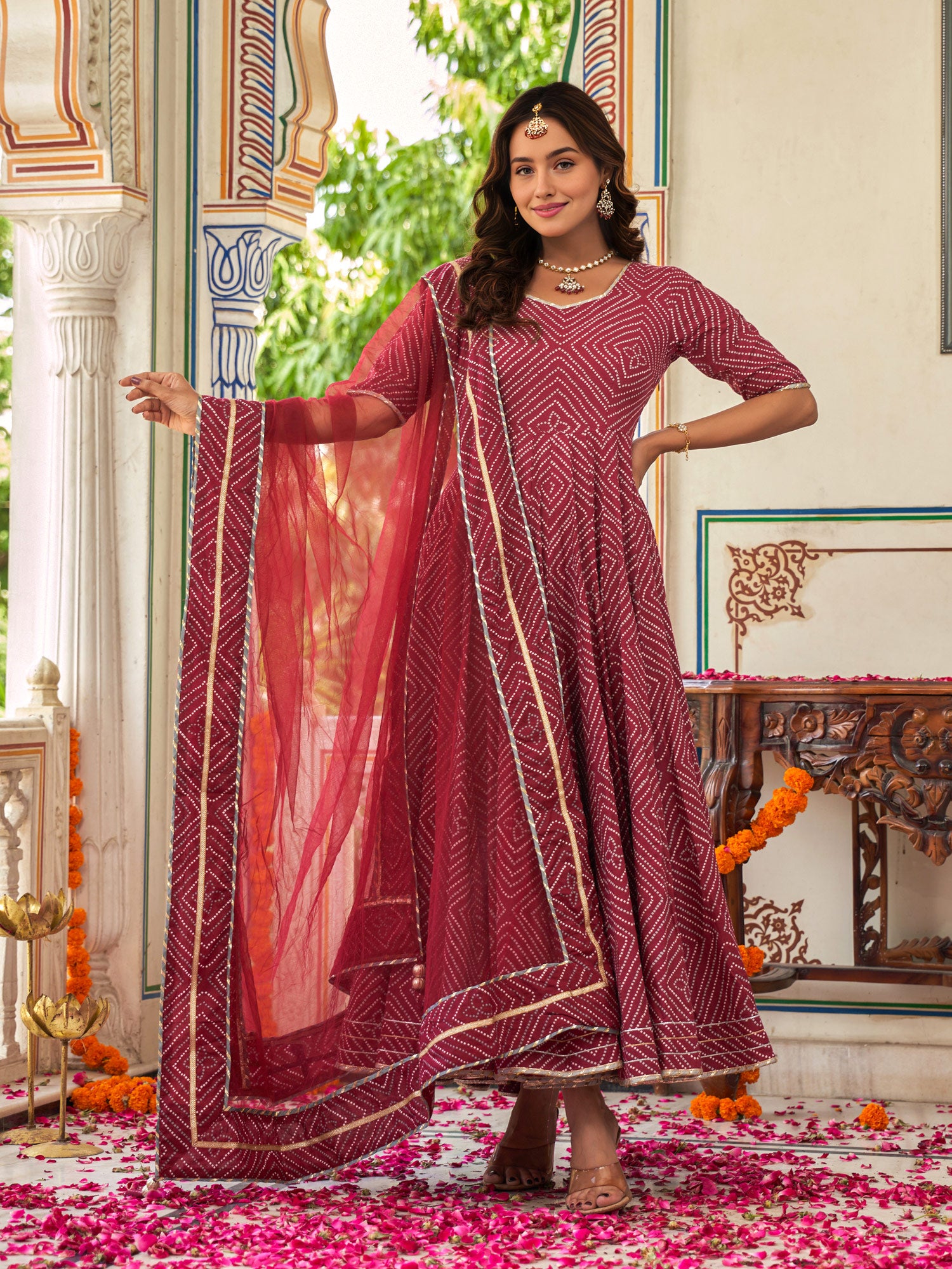 Sahiba Maroon Bandhani Print Anarkali Suit Set - Indianvirasat