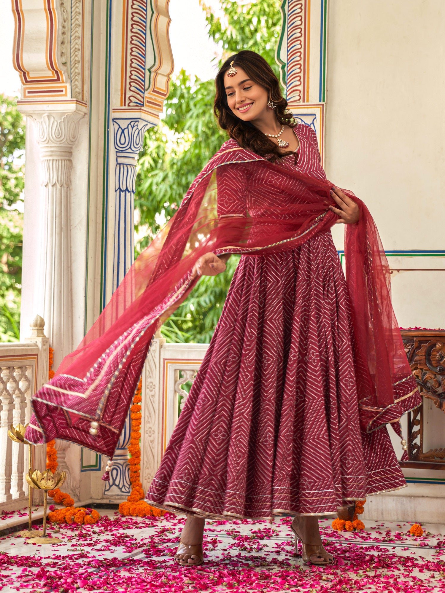Sahiba Maroon Bandhani Print Anarkali Suit Set - Indianvirasat