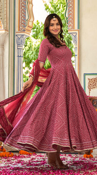 Sahiba Maroon Bandhani Print Anarkali Suit Set
