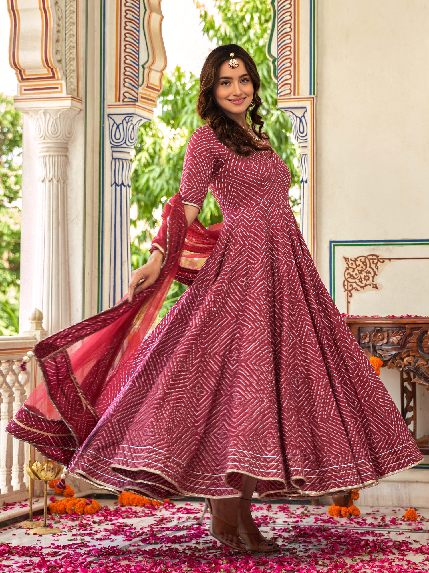 Sahiba Maroon Bandhani Print Anarkali Suit Set - Indianvirasat
