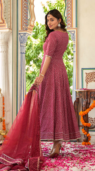 Sahiba Maroon Bandhani Print Anarkali Suit Set