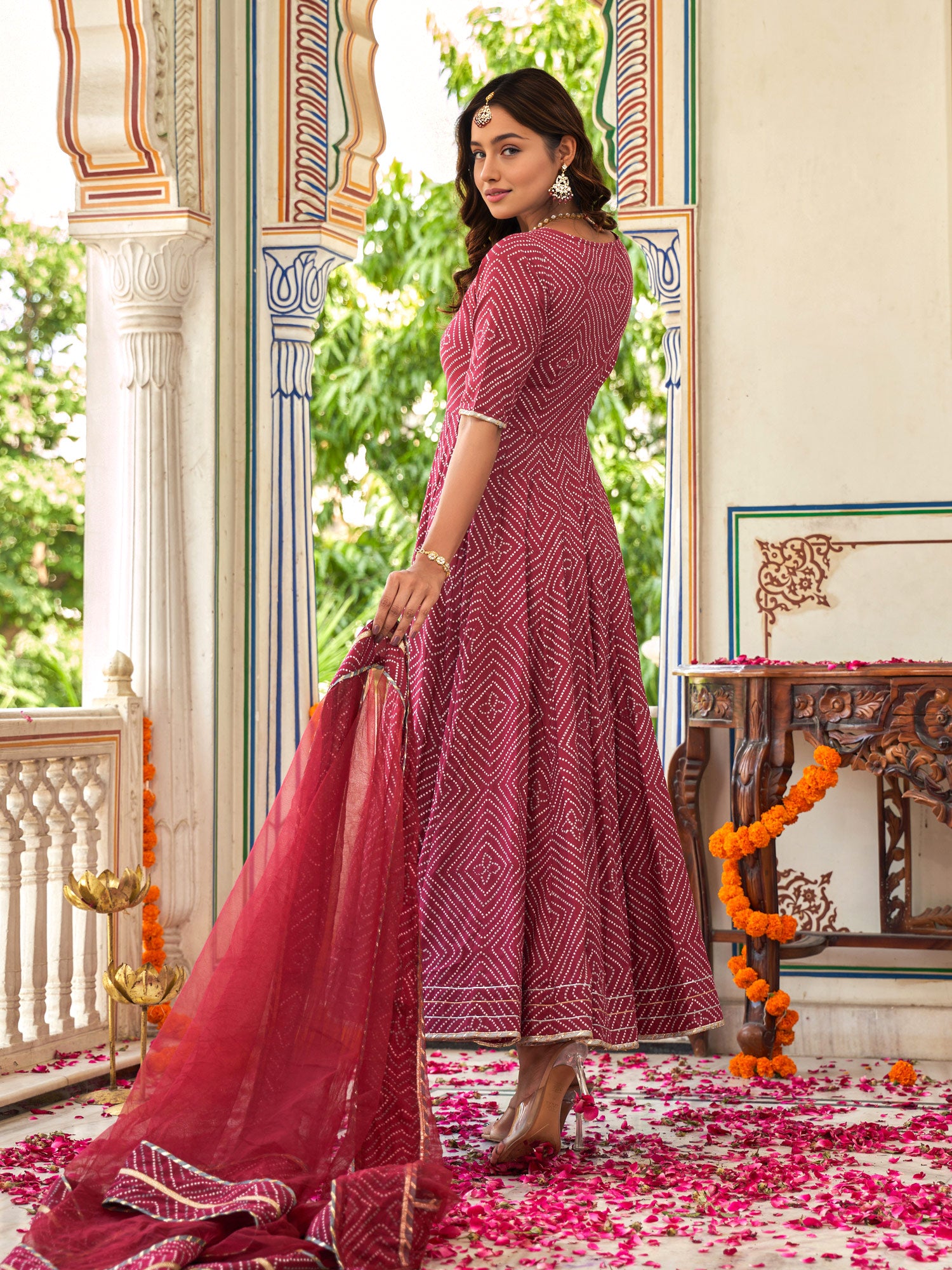 Sahiba Maroon Bandhani Print Anarkali Suit Set - Indianvirasat