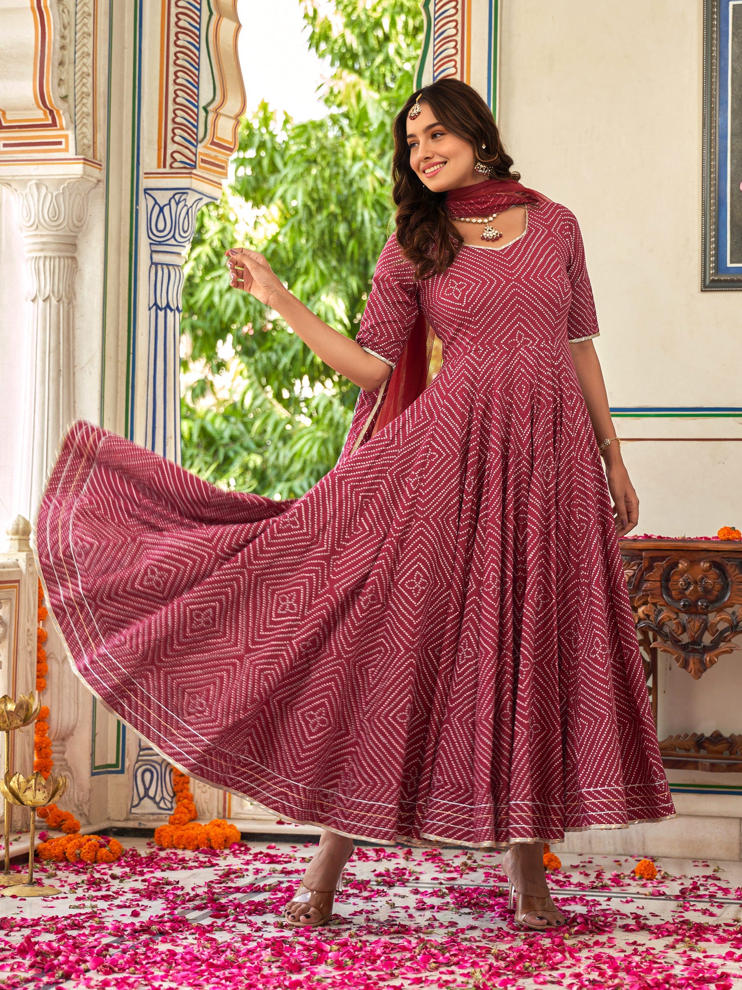 Sahiba Maroon Bandhani Print Anarkali Suit Set - Indianvirasat