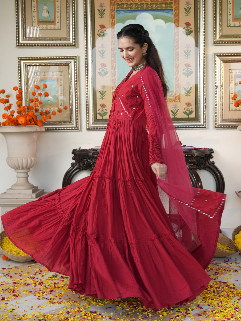 Rubina Red Mirrored Flary Set - Indianvirasat