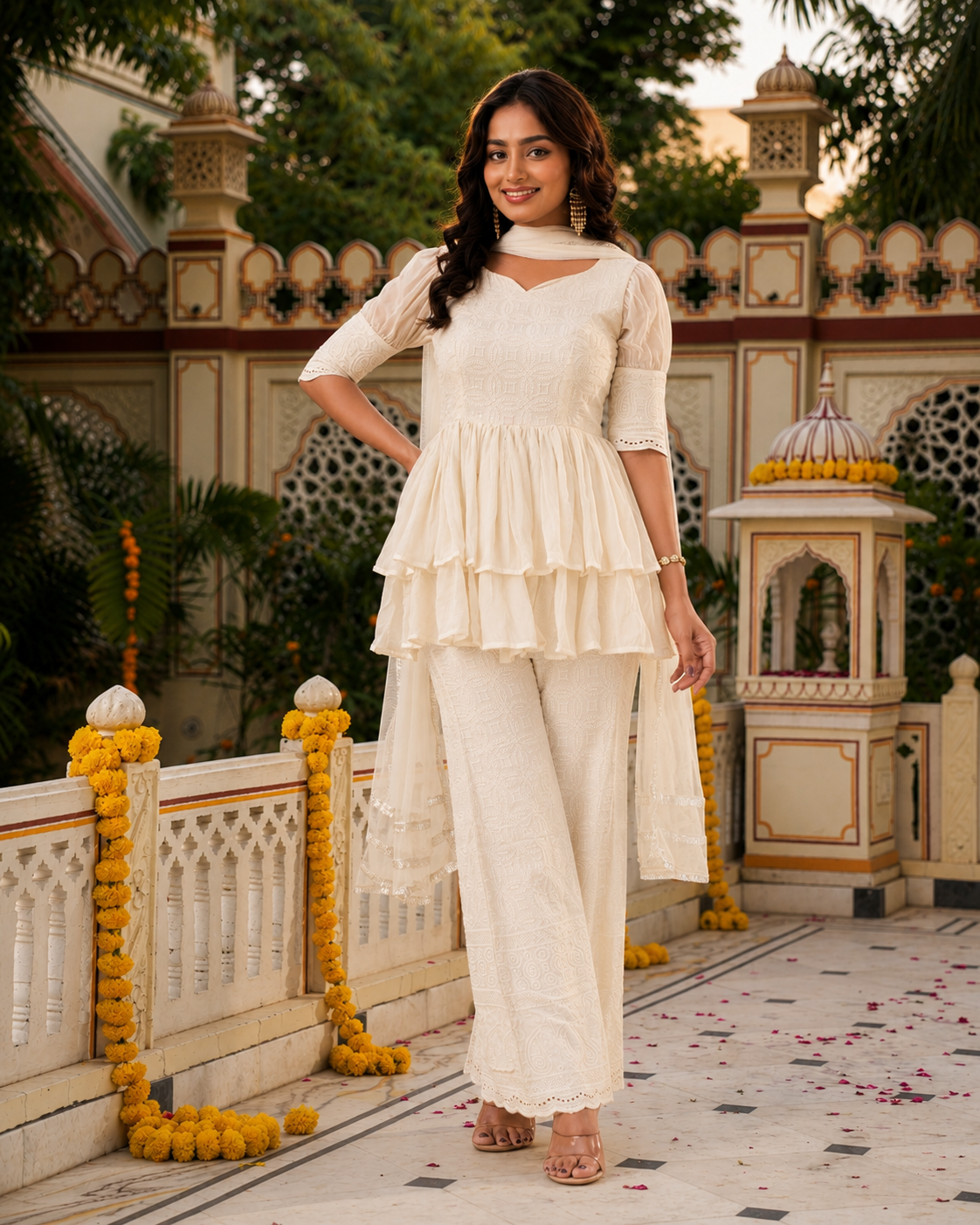 Indianvirasat Moonlight Sharara Set with embroidered top and flowing sharara pants, perfect for traditional festive occasions.