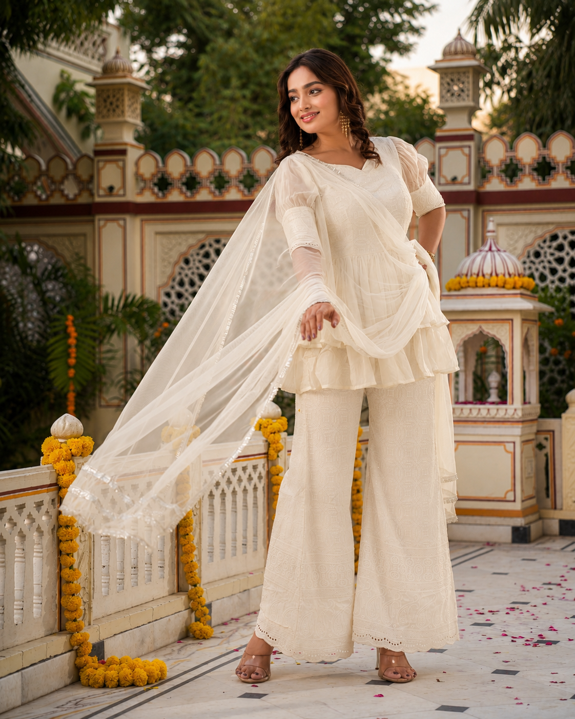 Indianvirasat Moonlight Sharara Set with embroidered top and wide-leg sharara pants, displayed on a hanger.