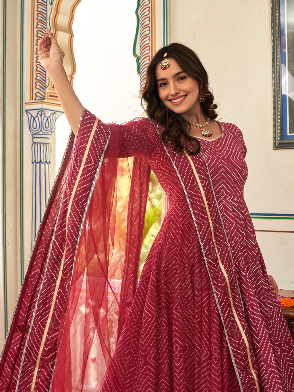 Sahiba Maroon Bandhani Print Anarkali Suit Set - Indianvirasat