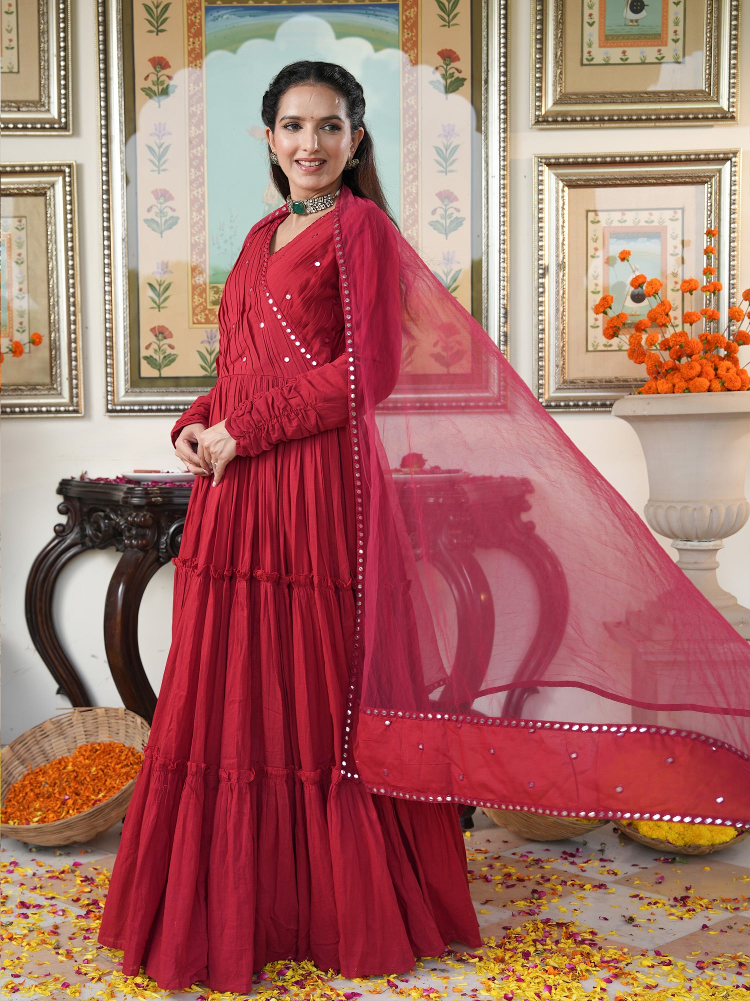 Rubina Red Mirrored Flary Set - Indianvirasat
