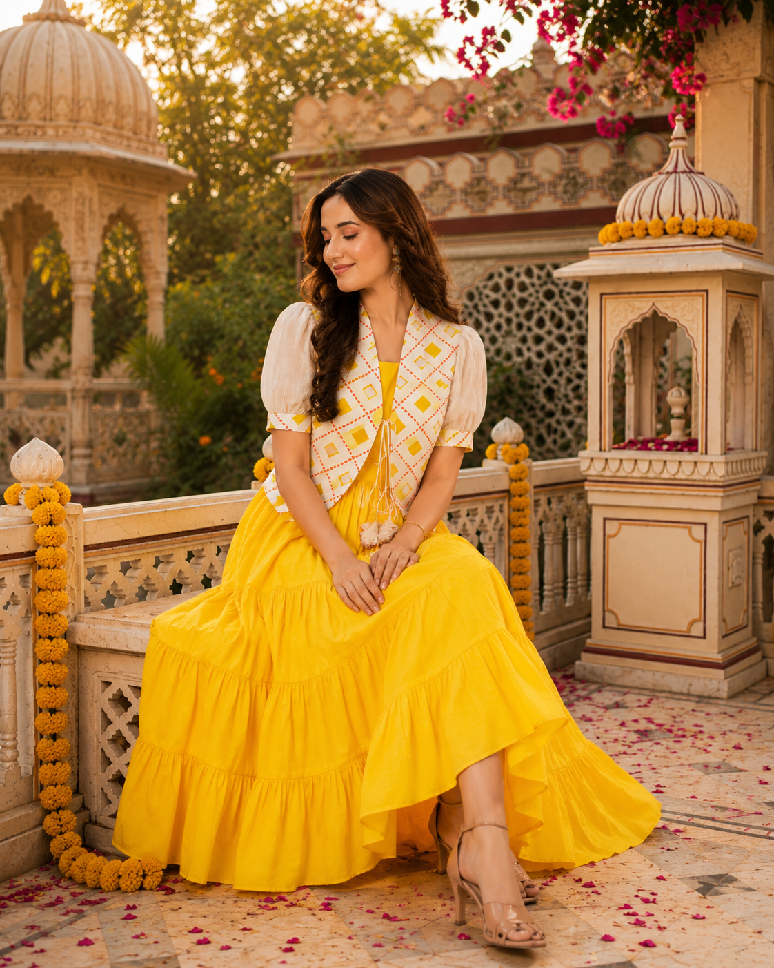 Indianvirasat Sunshine Meher Maxi Dress in vibrant yellow fabric with floral patterns, flowing silhouette, and elegant design.