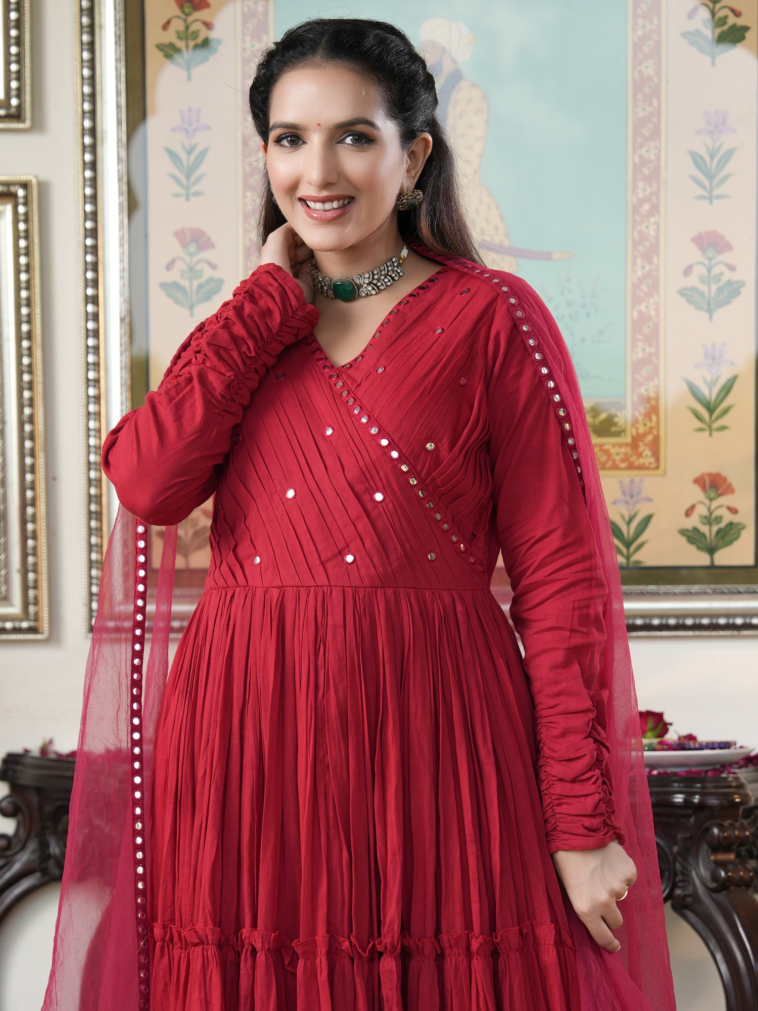 Rubina Red Mirrored Flary Set - Indianvirasat