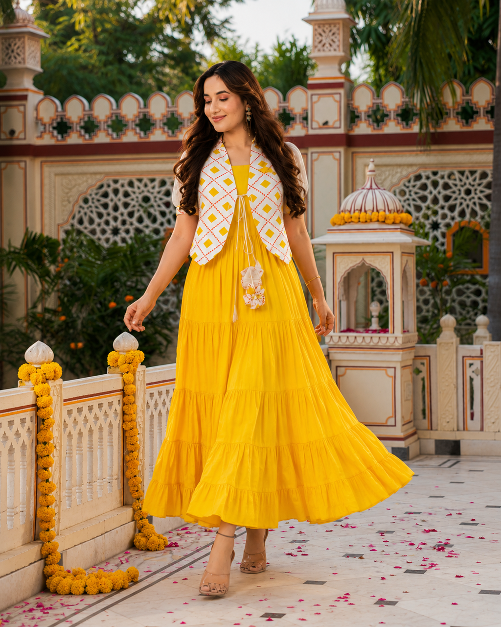 Indianvirasat Sunshine Meher Maxi Dress featuring vibrant floral patterns and flowing fabric, perfect for summer occasions.