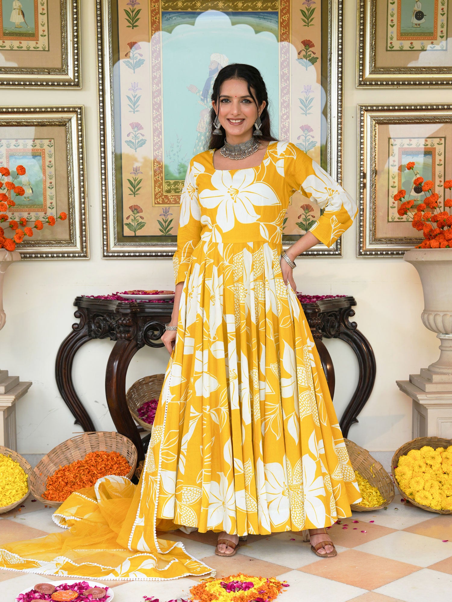 Daffodil Shine Floral Printed Anarkali Set with Dupatta - Indianvirasat