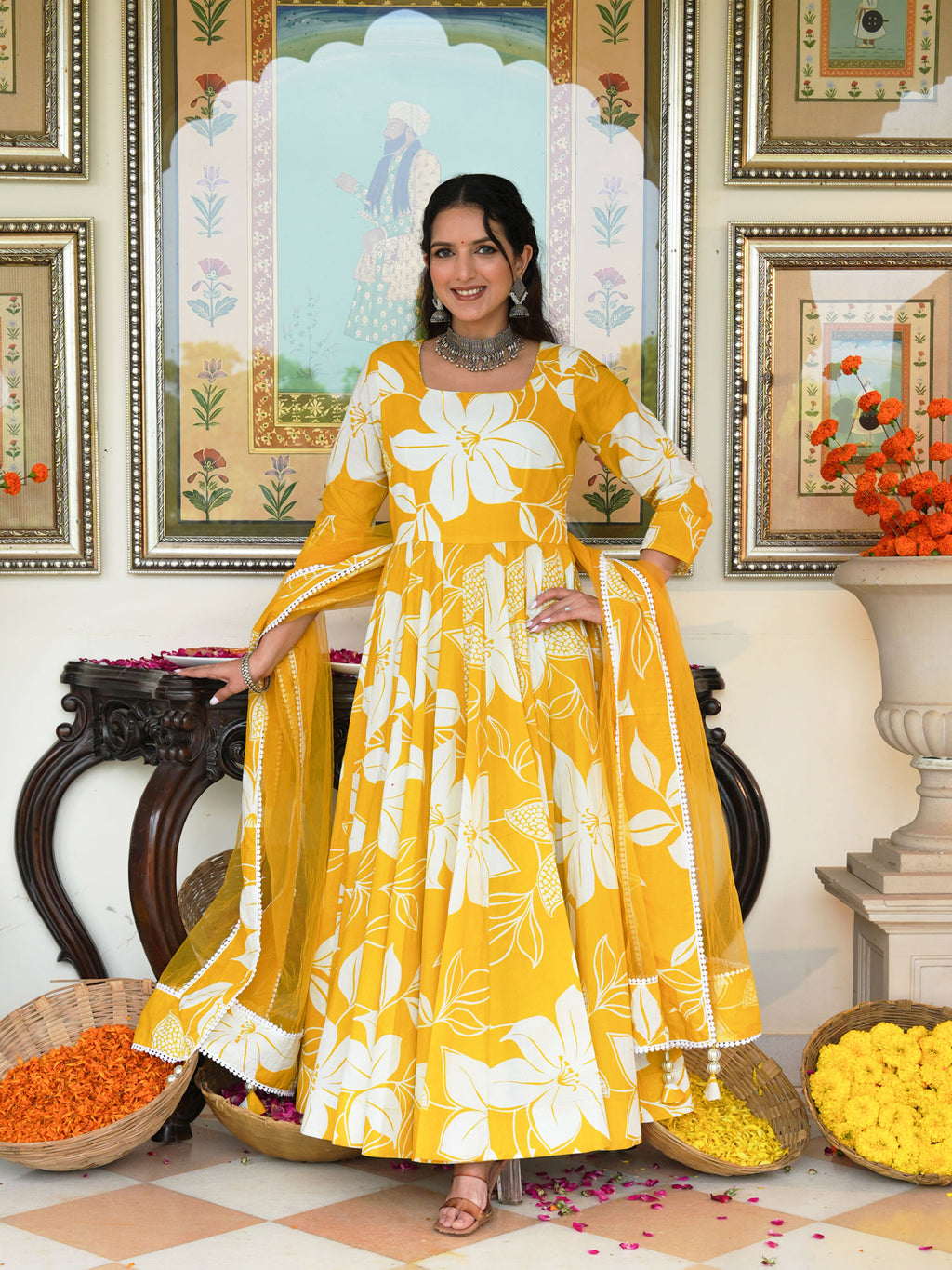 Daffodil Shine Floral Printed Anarkali Set with Dupatta - Indianvirasat