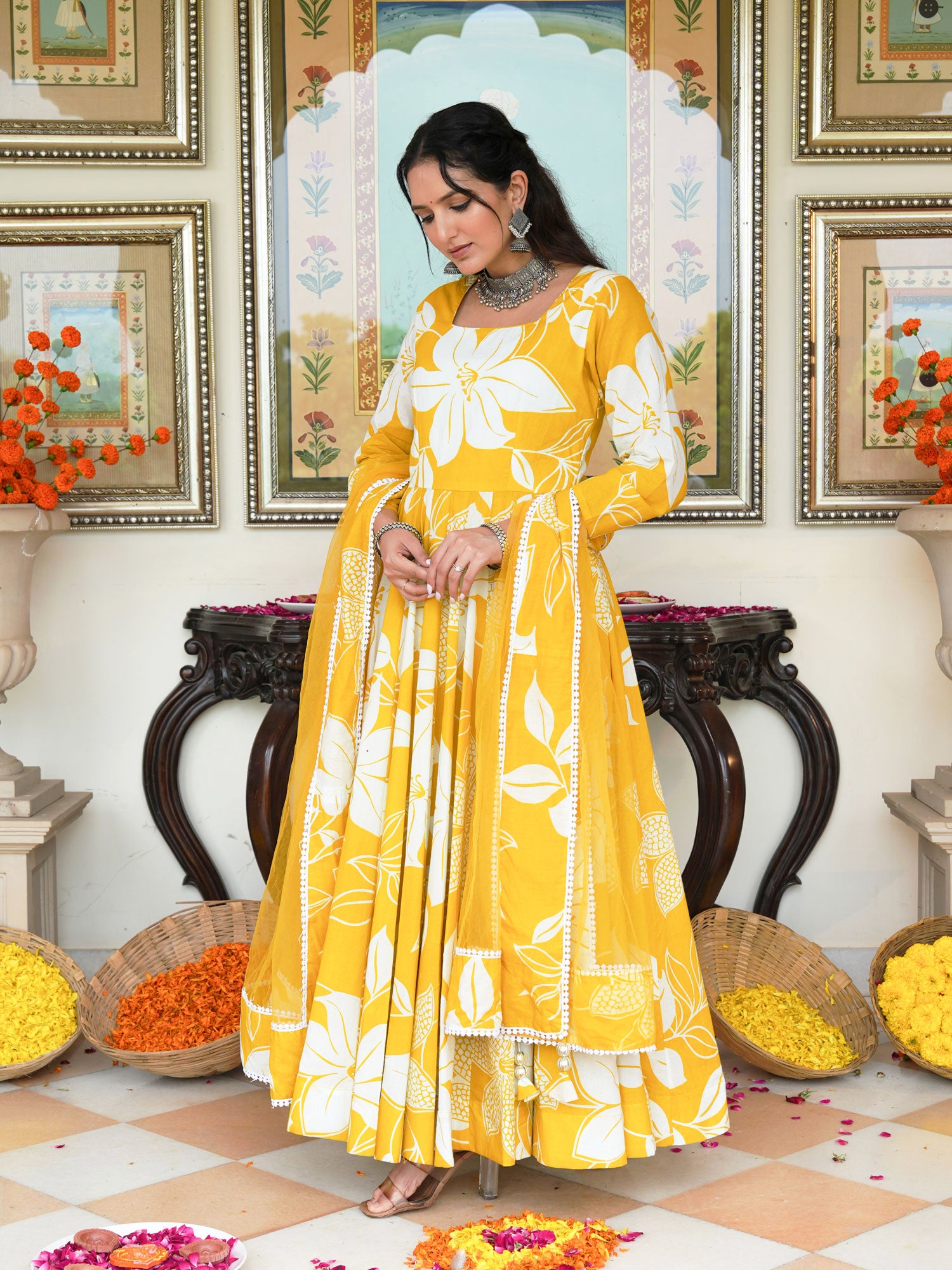 Daffodil Shine Floral Printed Anarkali Set with Dupatta - Indianvirasat