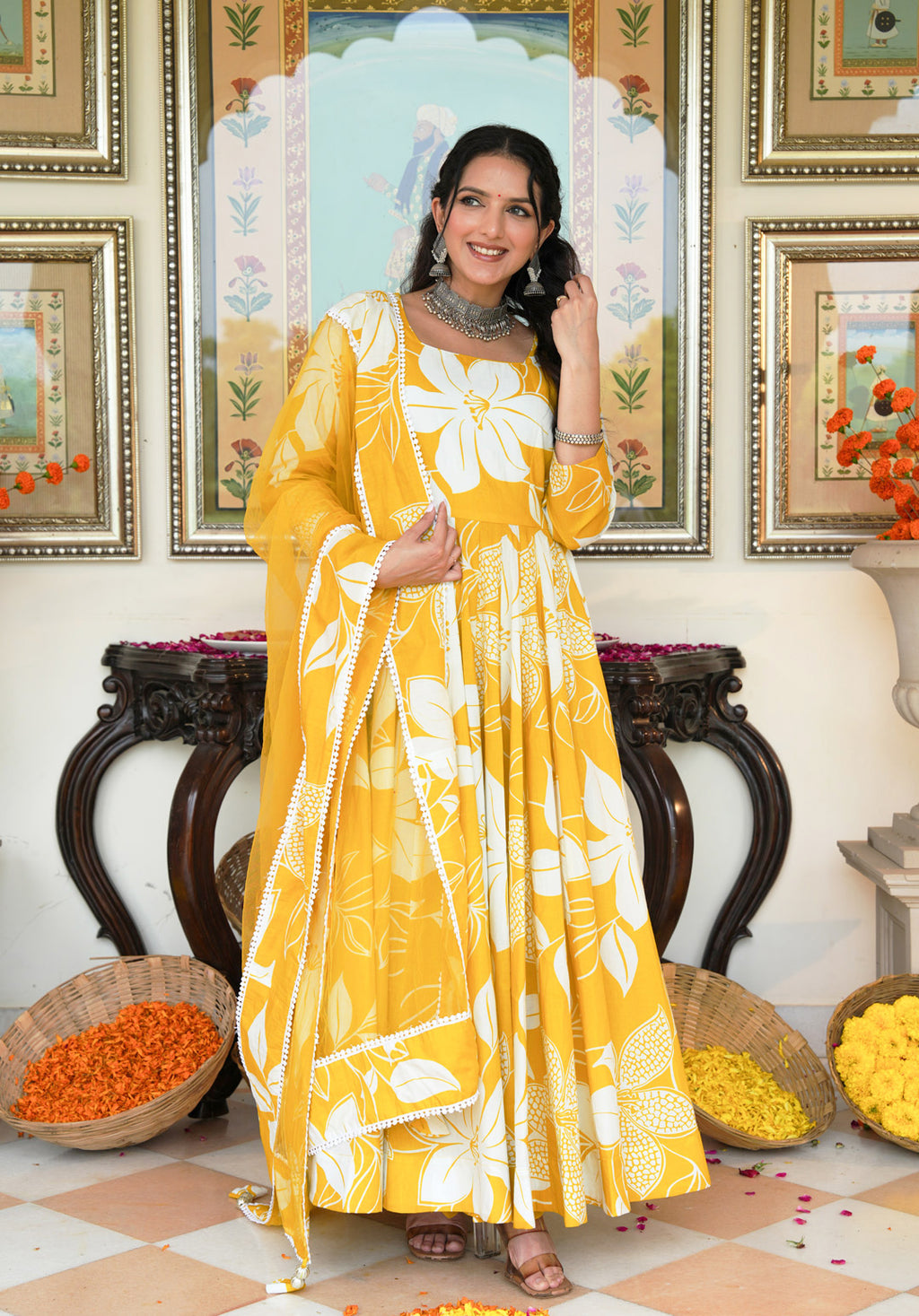 Daffodil Shine Floral Printed Anarkali Set with Dupatta - Indianvirasat