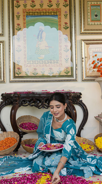 Anakali Suit Set Turquoise Color Printed with Dupatta