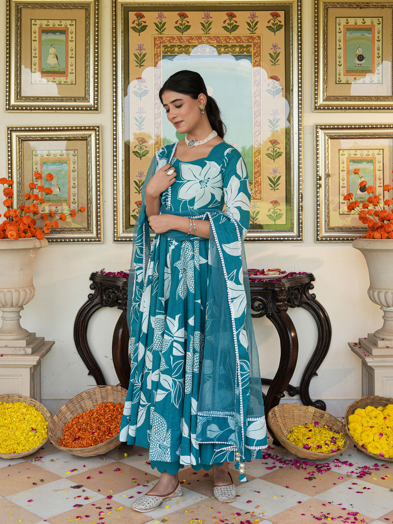 Anakali Suit Set Turquoise Color Printed with Dupatta