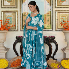 Anakali Suit Set Turquoise Color Printed with Dupatta