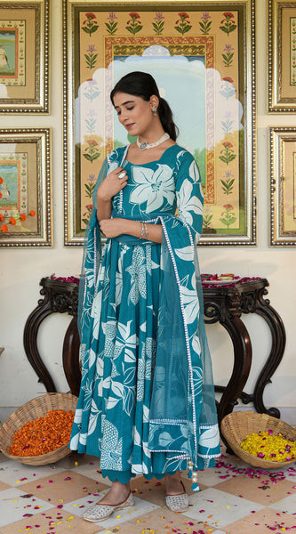 Anakali Suit Set Turquoise Color Printed with Dupatta