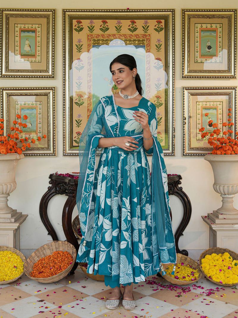 Anakali Suit Set Turquoise Color Printed with Dupatta