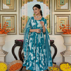 Anakali Suit Set Turquoise Color Printed with Dupatta