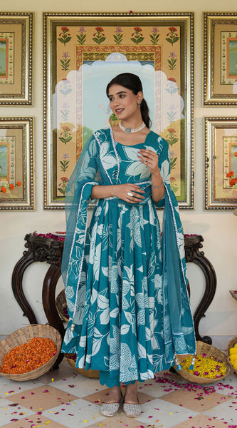 Anakali Suit Set Turquoise Color Printed with Dupatta