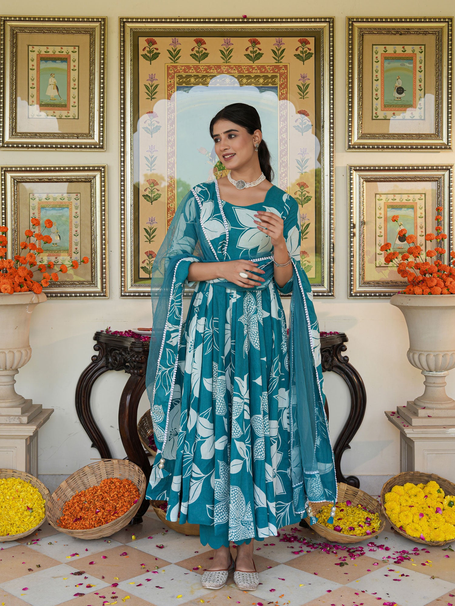 Anakali Suit Set Turquoise Color Printed with Dupatta - Indianvirasat