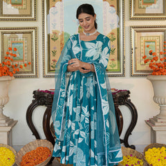 Anakali Suit Set Turquoise Color Printed with Dupatta