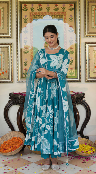 Anakali Suit Set Turquoise Color Printed with Dupatta