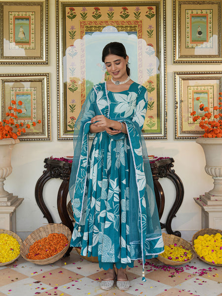 Anakali Suit Set Turquoise Color Printed with Dupatta