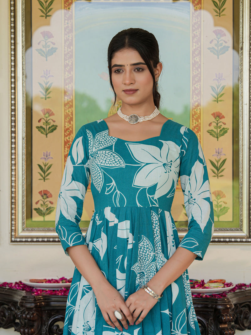 Anakali Suit Set Turquoise Color Printed with Dupatta