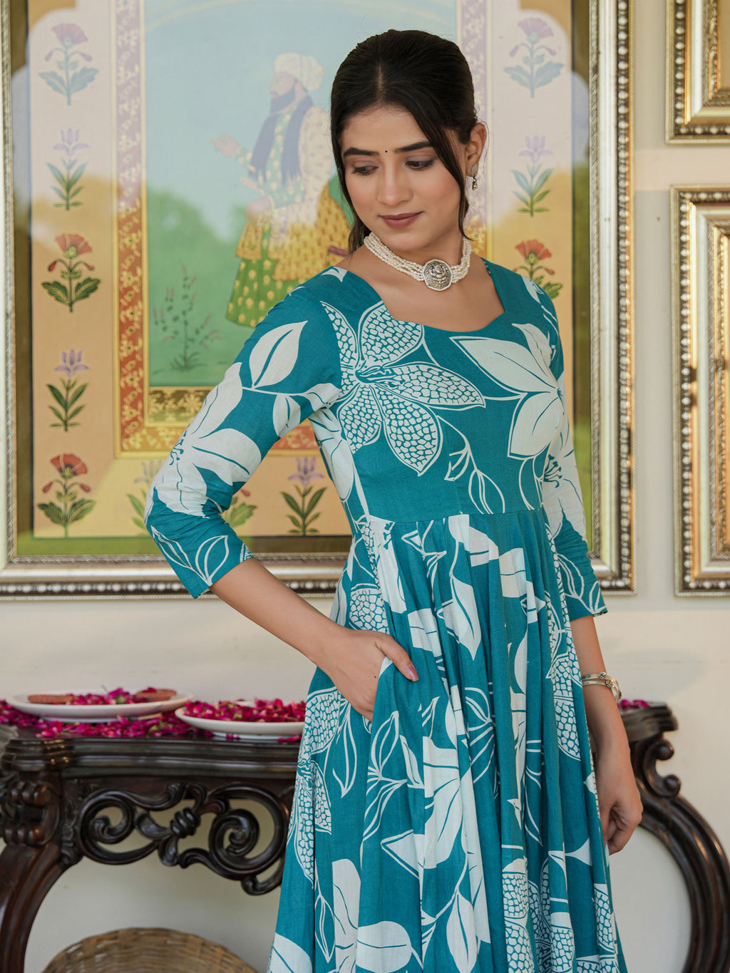 Anakali Suit Set Turquoise Color Printed with Dupatta - Indianvirasat